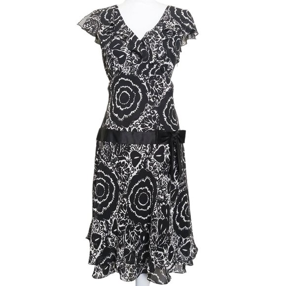 Bice Black White Floral Print Chiffon Dress Size 14 Dropped Waist Satin Sash Bow - Picture 1 of 5